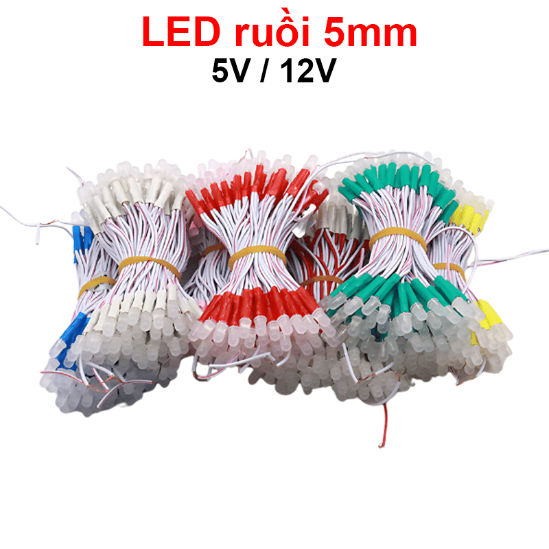 (100 con) LED ruồi liền dây 5mm đấu song song điện áp 5V,12V ||