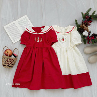 Váy noel cho bé gái chất đũi xốp cổ tròn cách điệu, váy bé gái thêu hình chú thỏ