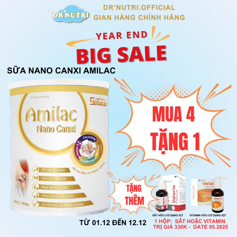 Sữa bột xương khớp Amilac Nano Canxi tăng cường sức khoẻ, chống loãng xương, giảm đau nhức hộp 900g