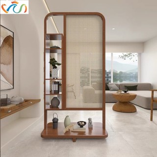 Vách bình phong Kệ sách Gỗ phối Mây Kính dán an toàn VUADECOR trang trí, phong thuỷ thu hút tài lộc