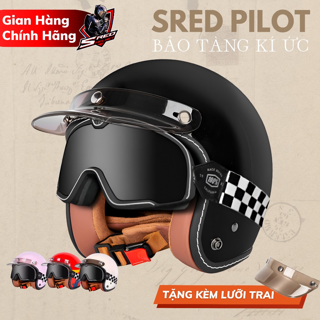 Mũ bảo hiểm 3/4 kính phi công cao cấp SRED PILOT - Nón bảo hiểm 3/4 lưỡi trai có kính phi công cao c