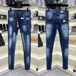 Quần jean bò nam DSQ slimfit trơn wash xanh bạc loang cào xước tag mác hồng 4 cúc basic boy phố QJ641P