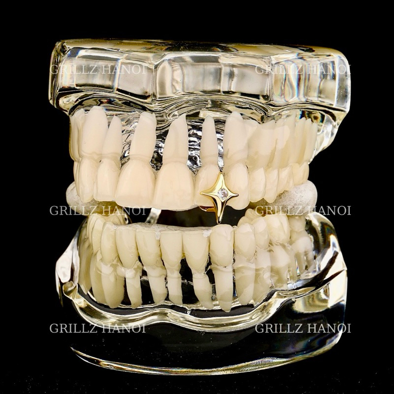 Grillz trang sức răng hình sao lấp lánh đính đá ở giữa vàng bạc hiphop
