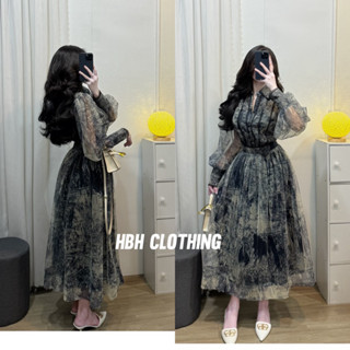 ( Hình của shop) Set áo sơ mi chân váy hoạ tiết tay bồng cv dài xoè tôn dáng