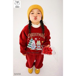  Bộ nỉ 2 da màu đỏ cho bé gái in hình Labubu Christmas hàng cao cấp ELAINE | ELN155 