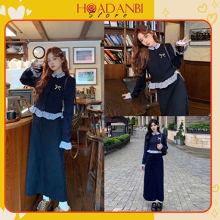  Set Áo Len Vặn Thừng Phối Bèo Kẻ Dập Ngọc Mix Chân Váy Dáng Dài Kèm Nơ Siêu Xinh phong cách Hàn Quốc 