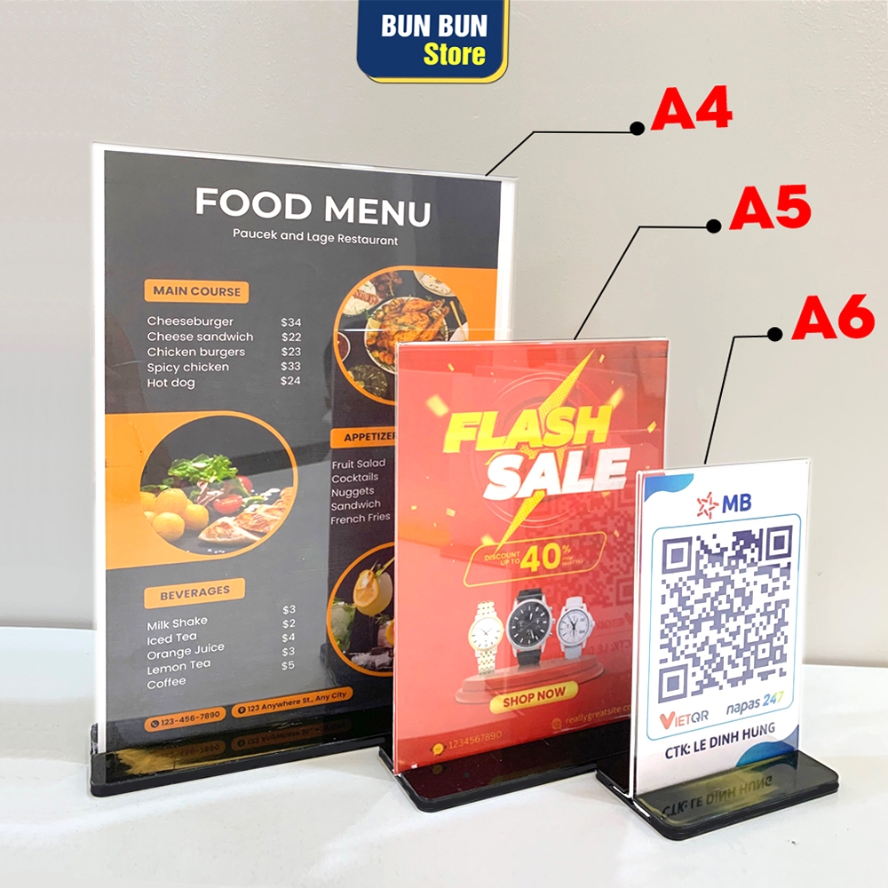 Combo 2 Tấm mica trong suốt, Bảng mica để bàn trong suốt dùng để mã QR, thông tin sản phẩm, bảng menu