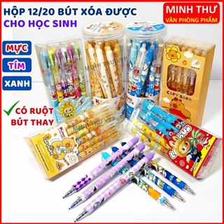 HỘP 12/20 Cây Bút Viết Gel BẤM TẨY XÓA ĐƯỢC Ngòi ST 0.5mm - Mực Xanh/Tím - Mực Đậm, Ngòi Êm, Không Tắc Mực -Minh Thư VPP
