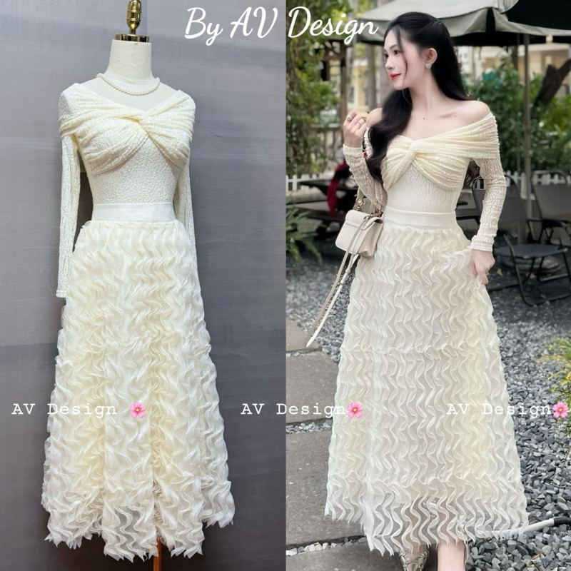  Set đồ nữ Áo Trễ Vai Ren Chân Váy Dài Lượn Sóng Màu Kem Siêu Sang Chảnh mặc đi tiệc đi chơi tết chuẩn Loại 1 AV Design 