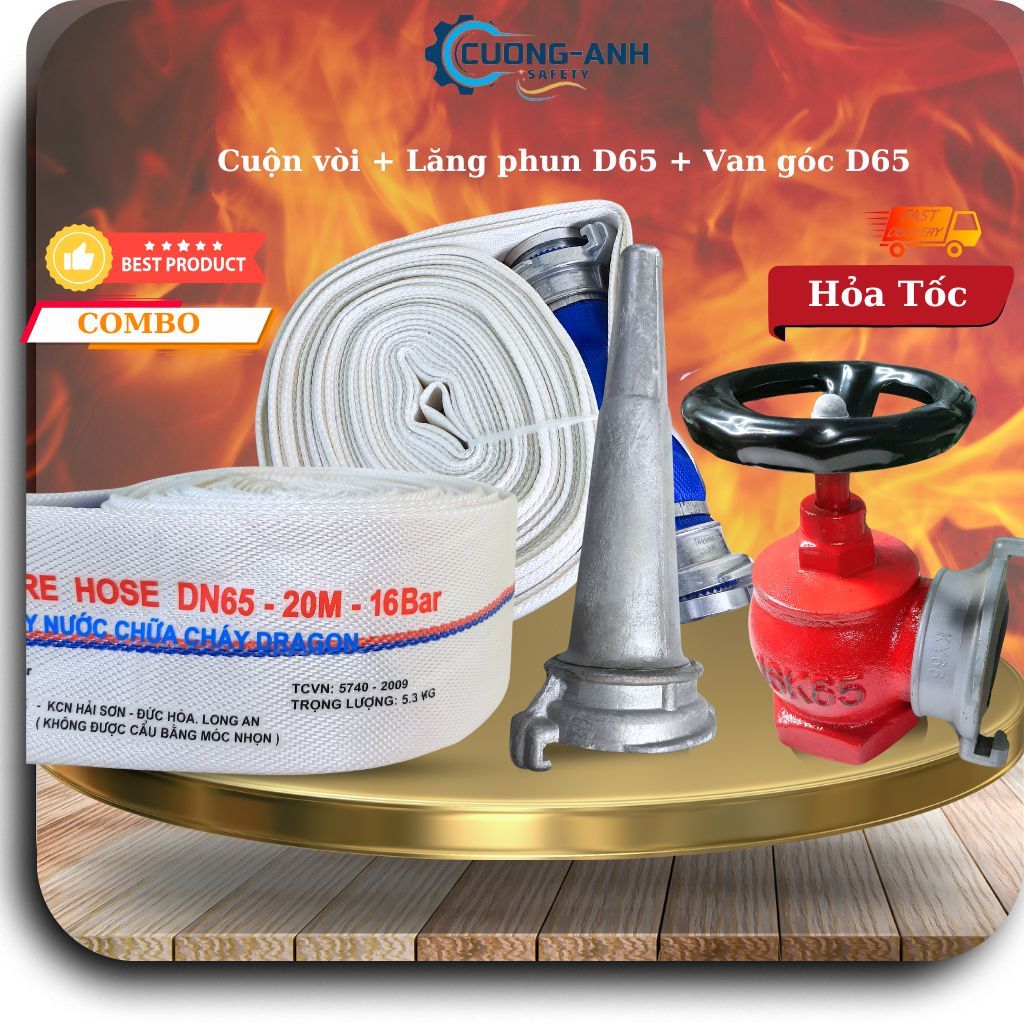 Combo Cuộn vòi dẫn nước Dragon 20m 16bar D65 + Lăng phun D65 + Van góc D65, sử dụng trong pccc, tưới