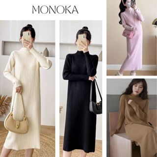 Váy len cổ 3p dài tay dáng suông dài Đầm cao cổ chất len gân to bầu dáng rộng thu đông ấm áp T606G MONOKA