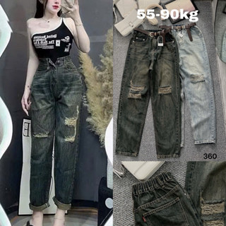 Quần Baggy Jean Nữ Bigsize 55-90kg Lưng Cao Bo Thun Phía Sau Rách 2 Bên Vải Xịn Mịn, Quần Bò Dáng Baggy Bigsize Ms360