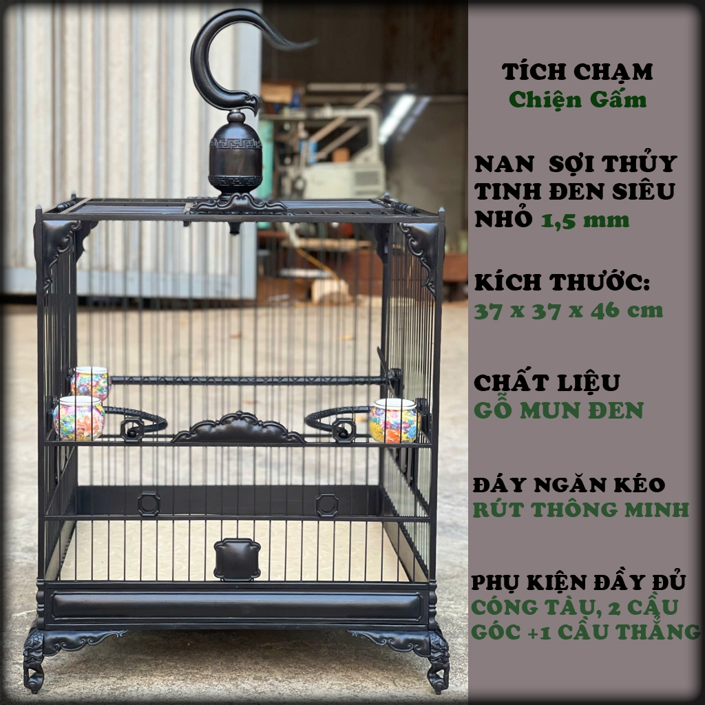 Lồng chim chào mào phom vuông đấu, chất gỗ mun đen, hàng chính hiệu xưởng Lồng Chim Gỗ Quý