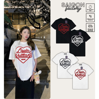 Áo thun Lou.ís Vuit.ton Heart thêu xù viền trắng và đỏ - Áo thun nam nữ Tay lỡ Unisex Cotton Cao Cấp
