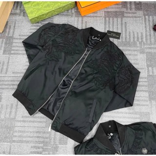 Áo Khoác Bomber Gió Philip Plein Thêu Hinh Hổ Vằn Hai Bên Ngực Phối Tag Logo Sắt Sau Lưng 2 Lớp Dầy Dặn Boy Phố 2024