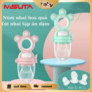 (Tặng kèm 3 núm nhai thay thế 3 size) Túi nhai ăn dặm cho bé Misuta cao cấp chống hóc, túi nhai hoa quả, túi tập ăn dặm