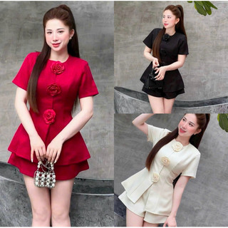  Q468 Bộ Set Đồ Nữ 2 Món Gồm Áo Kết 3 Hoa Phối Quần short xinh xắn _ Top Women 