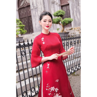 Áo Dài Cách Tân Đỗ Quyên Đính Kết Cao Cấp