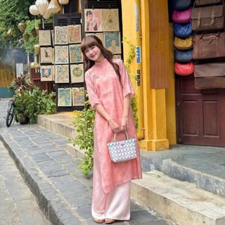 Set áo dài voan tơ Maian áo dài dáng suông cổ tàu in hoa đính nơ cúc bóc kèm quần lụa cao cấp nhẹ nhàng mặc lễ tết S5289