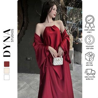 Set váy lụa cổ yếm kèm áo choàng NẾP dáng suông dài nhún eo