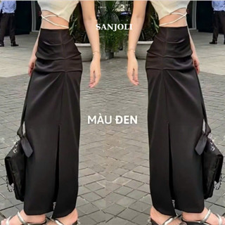 Chân váy lụa dài SANJOLI xẻ tà cạp trễ một lớp Hàn Quốc khóa hông dáng dài sang trọng đi tiệc CV003
