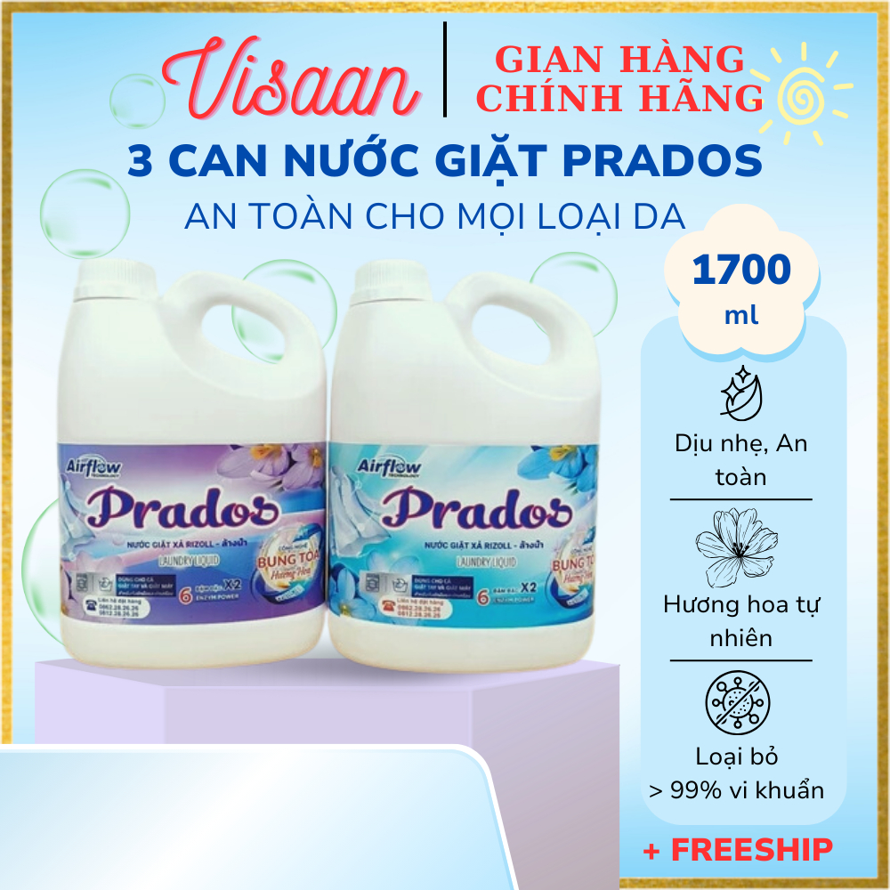 [COMBO 3 CAN] Nước giặt xả Prados M 1700ml, nước giặt đậm đặc, lưu hương dài lâu, an toàn cho da