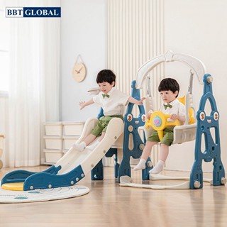 Cầu trượt xích đu khủng long máng dài gấp gọn kèm ném vòng và bóng rổ BBT Global CT-200