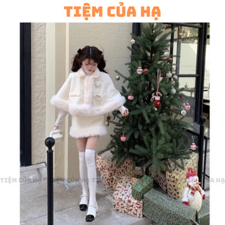   Có ảnh thật  Set bộ đồ set áo choàng lông tiểu thư phối chân váy lông ôm body sang chảnh set váy lông 