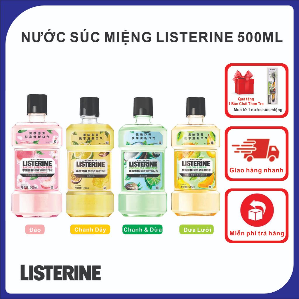 Nước Súc Miệng LISTERINE VỊ Đào, Dưa lưới, Chanh Dây, Dừa và Chanh 500ML Ngừa Sâu Răng