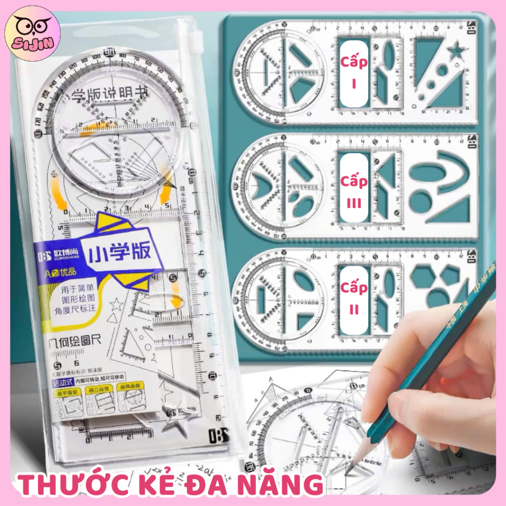 Bộ thước đa năng 5 trong 1, Thước kẻ đa năng trong suốt có thể xoay 360 độ, thước đo đa chức năng hỗ