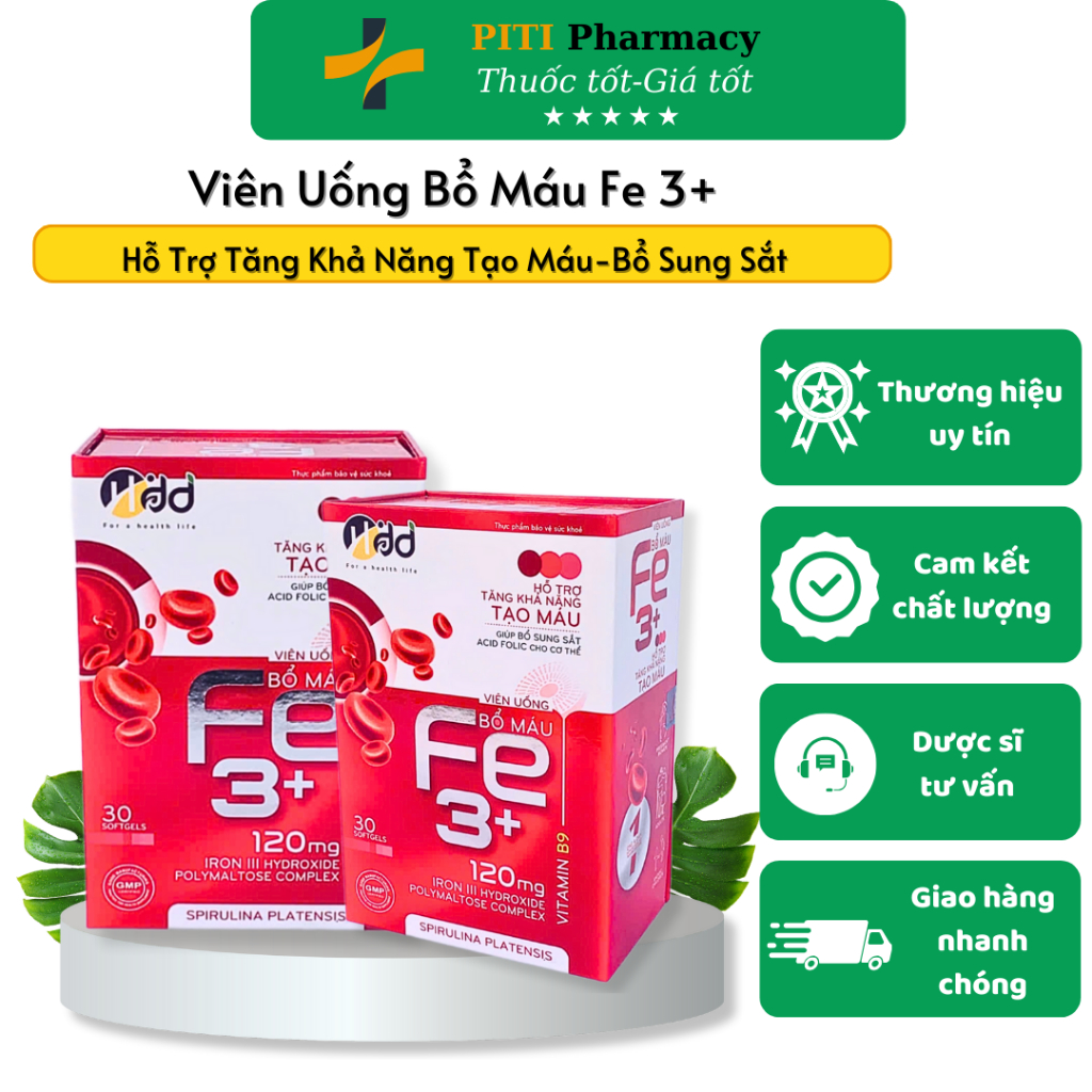 Viên Sắt Bổ Máu FE 3+ Bổ Sung Sắt,Acid Folic Hỗ Trợ Tăng Khả Năng Tạo Máu Hộp 30 viên