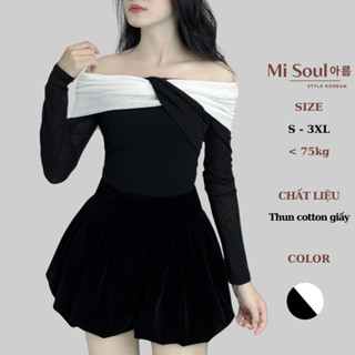 Áo Thun Cotton Giấy Trễ Vai Tiểu Thư Dài Tay Xoắn Ngực Phối Trắng Form Ôm BigSize MiSoul, Áo Dài Tay Cotton 369