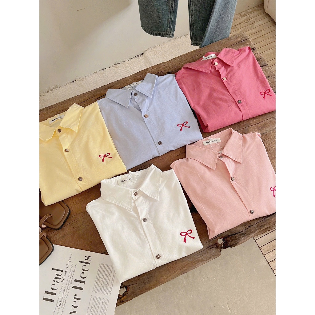 Áo sơ mi thô mềm form rộng thêu nơ xixeoshop - A21 | BigBuy360 - bigbuy360.vn