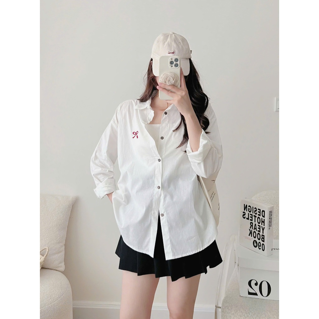 Áo sơ mi thô mềm form rộng thêu nơ xixeoshop - A21 | BigBuy360 - bigbuy360.vn