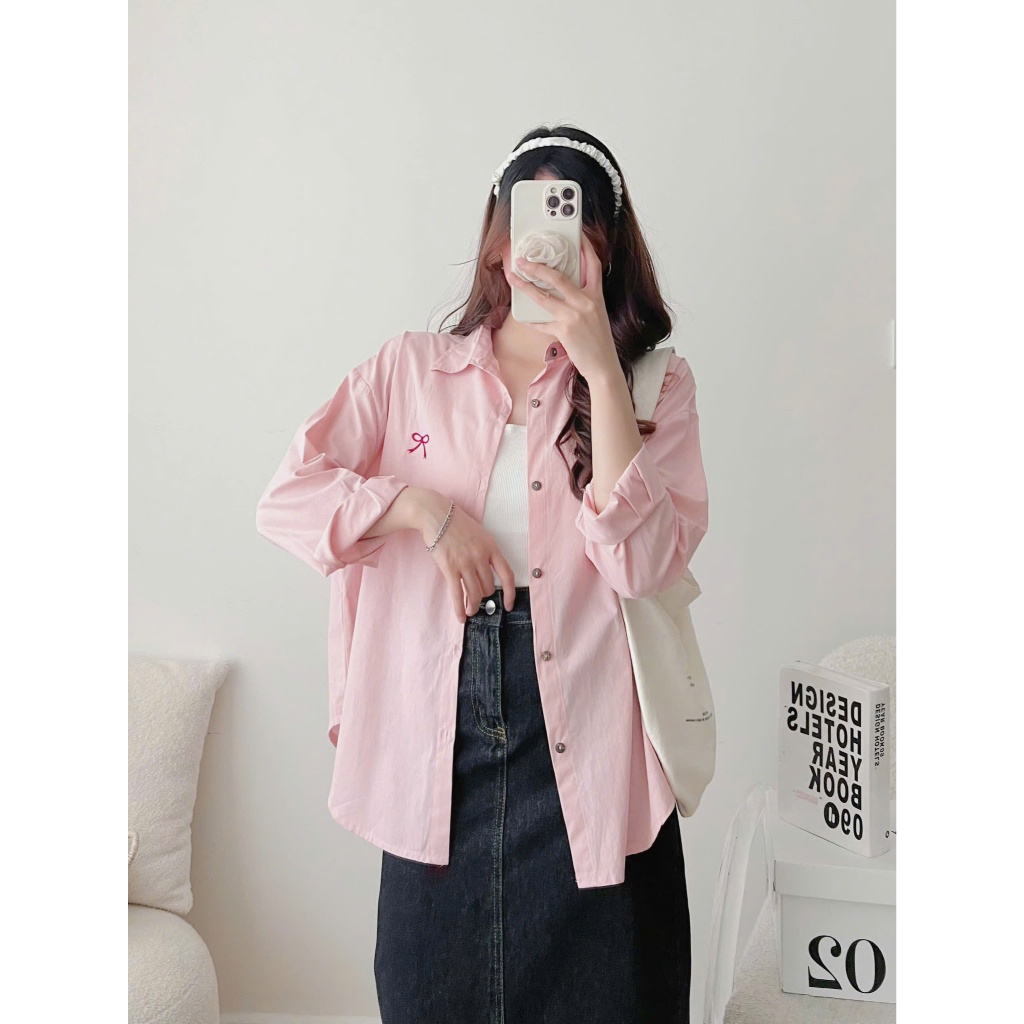 Áo sơ mi thô mềm form rộng thêu nơ xixeoshop - A21 | BigBuy360 - bigbuy360.vn
