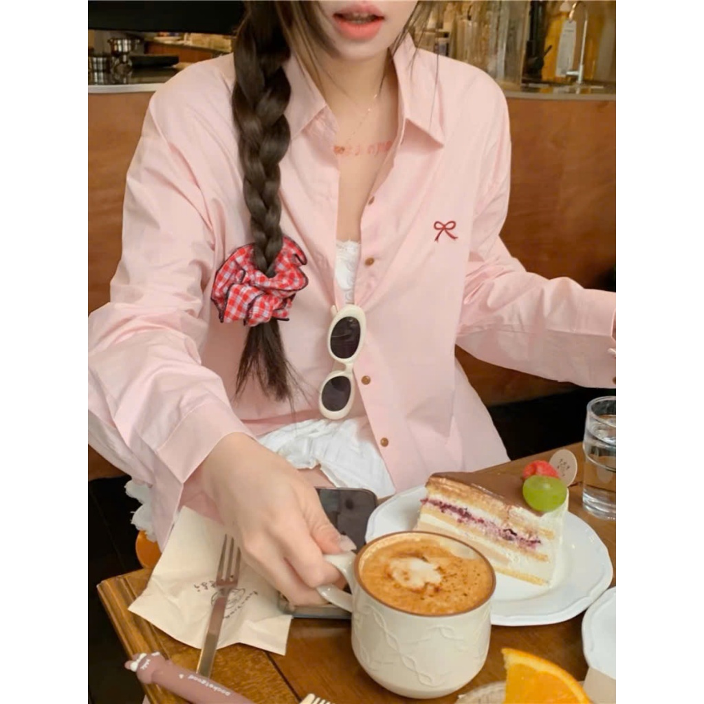 Áo sơ mi thô mềm form rộng thêu nơ xixeoshop - A21 | BigBuy360 - bigbuy360.vn