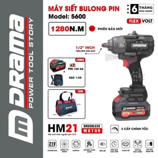  Máy siết bulong DRAMA D5600 Lực siết khủng 1280NM Mở ốc Lớn Ốc Bánh xe Ô tô Ốc công trình 2 Pin 15cell Tặng túi 