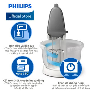 Máy nhồi bột đánh trứng Philips HR3745 HR3745/00 công suất 450W, thố trộn 3L bằng nhựa xoay được - Hàng chính hãng