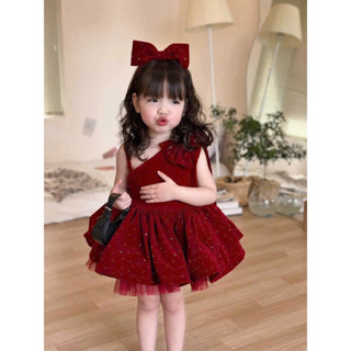 Váy bé gái, váy nhung kim tuyến đỏ lệch vai bồng bềnh cho bé 10-30kg