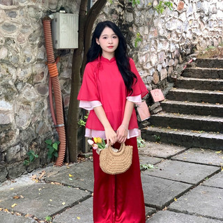 Set áo cách tân nữ vải đũi tơ tay lỡ cúc bọc kèm quần lụa xuông XTT AD08