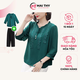 Bộ Đồ Trung Niên MAI THY S569, Set Áo Cổ Bèo Phối Quần Thun Trung Niên BigSize 90Kg | Thời Trang Trung Niên U40