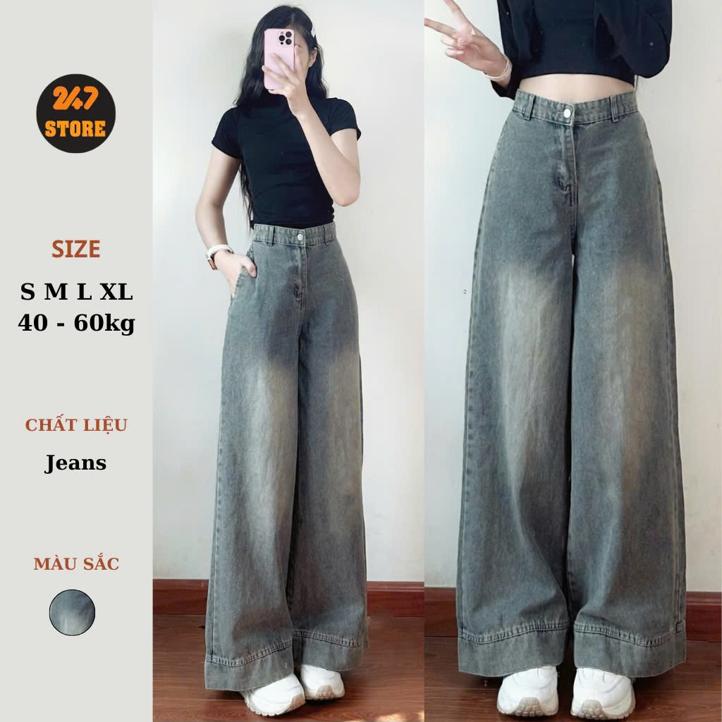 Quần jeans nữ ống suông ống rộng 247store lưng cao tôn dáng màu xanh retro đi học đi làm đi chơi Back to School | BigBuy360 - bigbuy360.vn