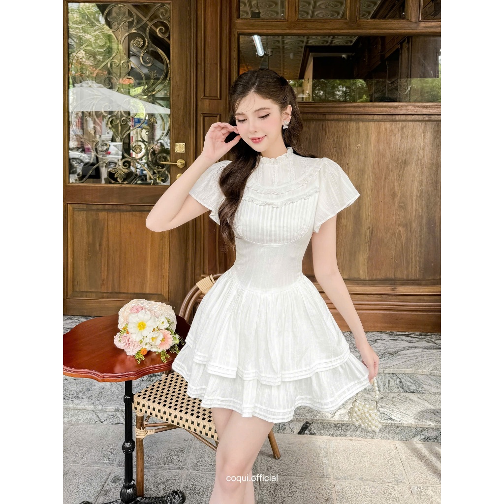 Váy đầm dự tiệc trắng tiểu thư xếp ly COQUI, đầm tay ngắn, dáng xoè 2 tầng vải thô thêu cao cấp MARINA DRESS