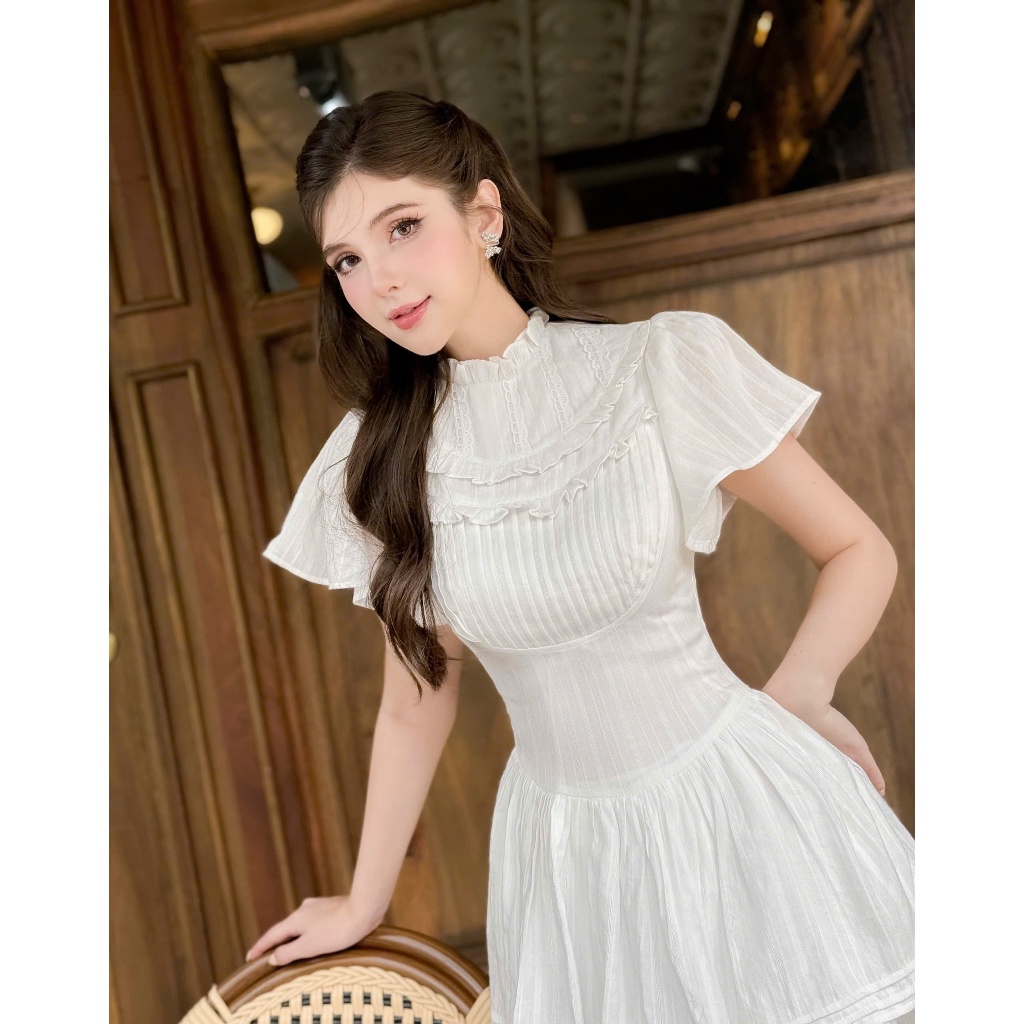 Váy đầm dự tiệc trắng tiểu thư xếp ly COQUI, đầm tay ngắn, dáng xoè 2 tầng vải thô thêu cao cấp MARINA DRESS | BigBuy360 - bigbuy360.vn