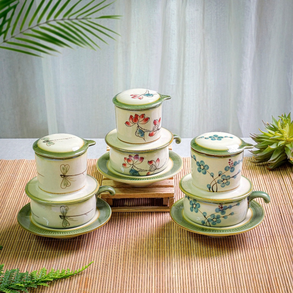 Phin cafe men xanh gốm Bát Tràng (5 chi tiết)