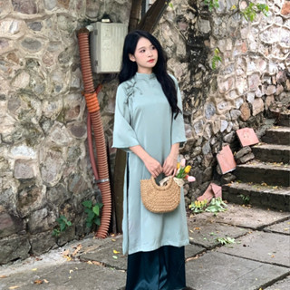  Set áo dài cách tân nữ vải lụa thắt nơ cúc bọc kèm quần lụa xuông 24FebStudio AD13 