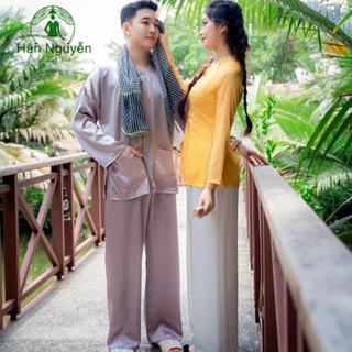  Hân Nguyễn Áo Bà Ba - B.A56 - Bộ Áo Bà Ba Nam Lụa Ngọc Trai Kèm Khăn Rằn Cổ Tròn Tay Dài 