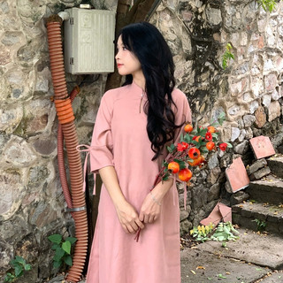  Set áo dài cách tân nữ vải nhung chéo cúc ngọc trai kèm quần lụa xuông Adorable20s AD12 