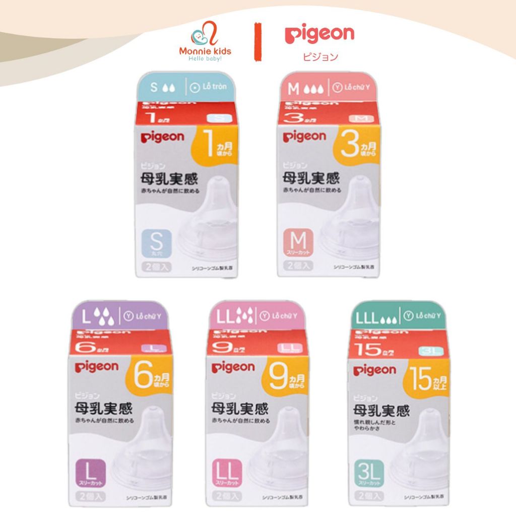 Núm ty bình sữa Pigeon cổ rộng Nhật Bản, núm ti silicon thay thế cho bé - Monnie Kids
