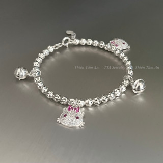 Vòng tay bạc bi chạm sáng lấp lánh charm mèo Hello Kitty charm chuông dành cho bé gái - Bạc thật TTA Jewelry VBPK L217 